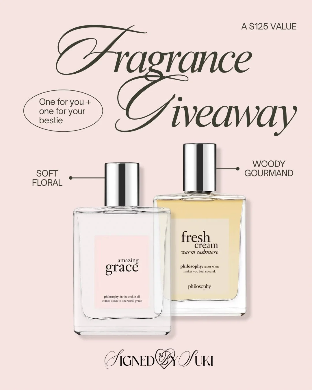 giveaway hallelujah 🙏 as a huge thank you to my online friends, i&rsquo;d love to host a two for one giveaway to celebrate hitting 4k followers!! because bestie deserves a prize too. 

enter to win TWO philosophy fragrances:
-amazing grace (2.0 oz)
