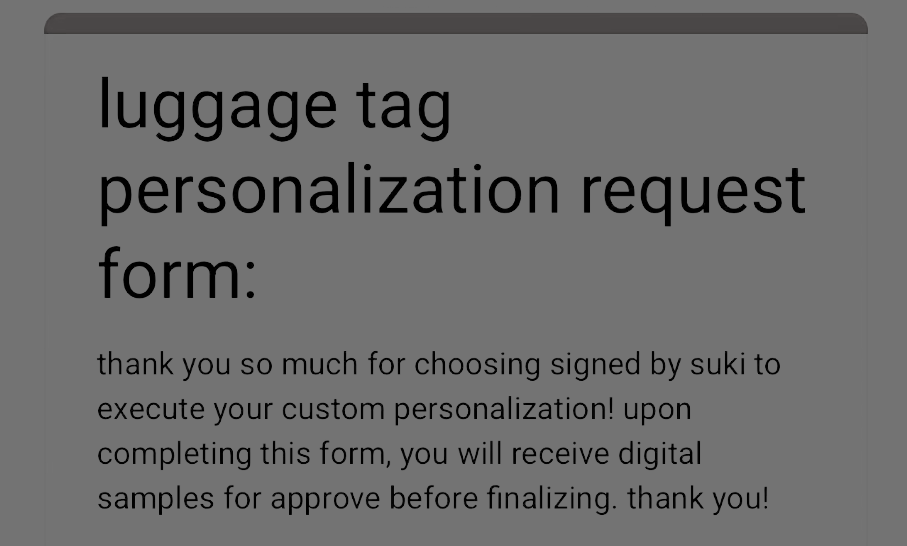 Google form describing luggage tag personalization request for clients wanting custom luggage tags made