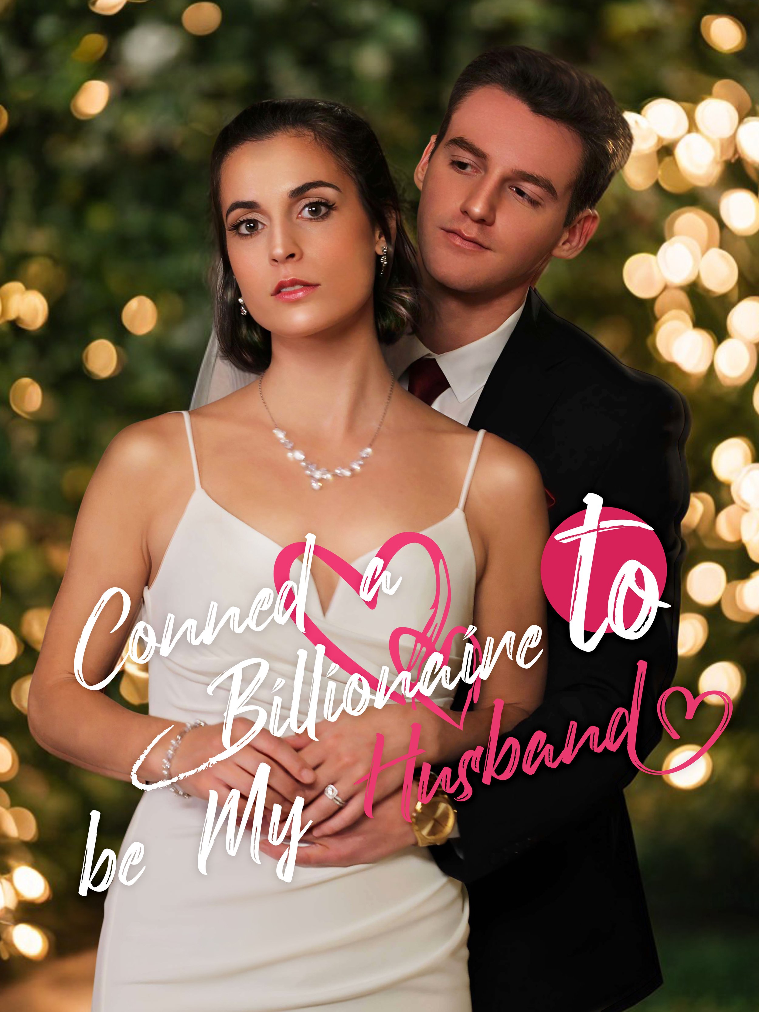 A bride and groom in formal wedding attire standing close together, with the groom gently holding the bride's hand, in front of a backdrop of glowing fairy lights.