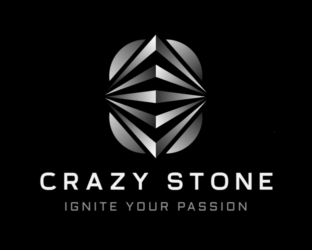 A black and white logo for Crazy Stone with a geometric diamond-shaped design above the text 'Crazy Stone' and the tagline 'Ignite Your Passion'.