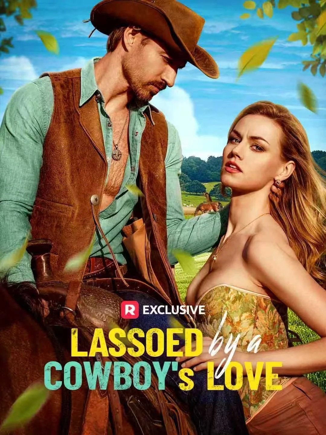 A man dressed as a cowboy with a hat, leather vest, and green shirt, standing close to a woman with long red hair in a floral dress, outdoors in a green field with trees and a horse in the background.