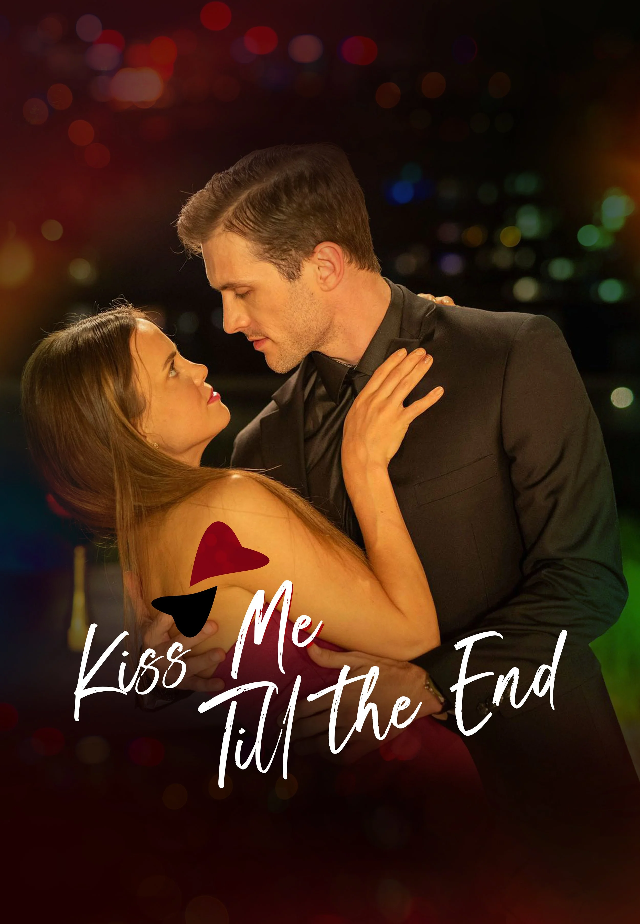 A man and woman dancing closely at night, with city lights in the background, and the text 'Kiss Me Until the End' overlaid with a heart-shaped icon.
