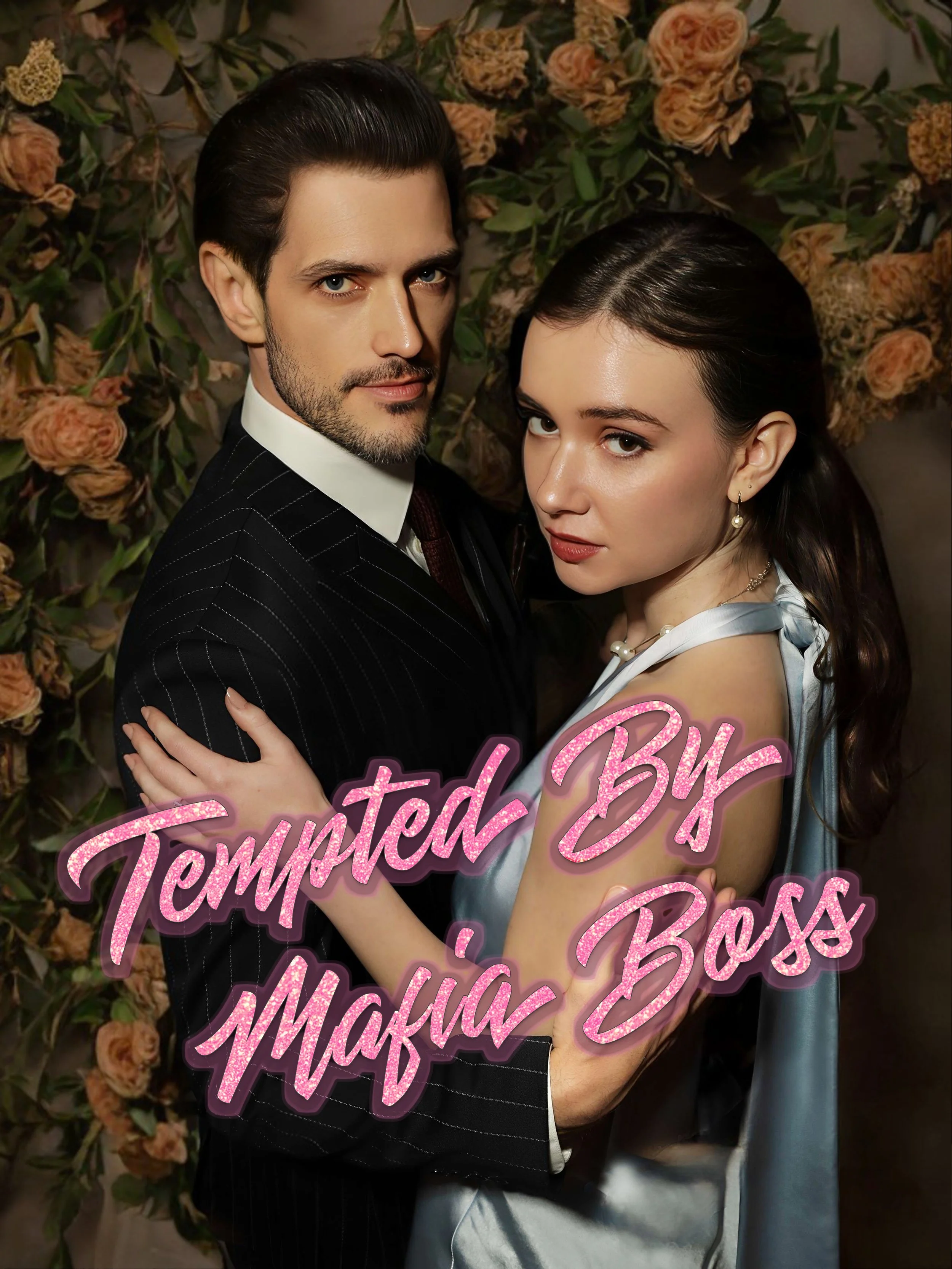 A man and woman posing together, with the man wearing a black pinstripe suit and the woman wearing a satin silver dress, standing in front of a backdrop decorated with dried roses and greenery. The woman has dark, wavy hair and is wearing earrings an