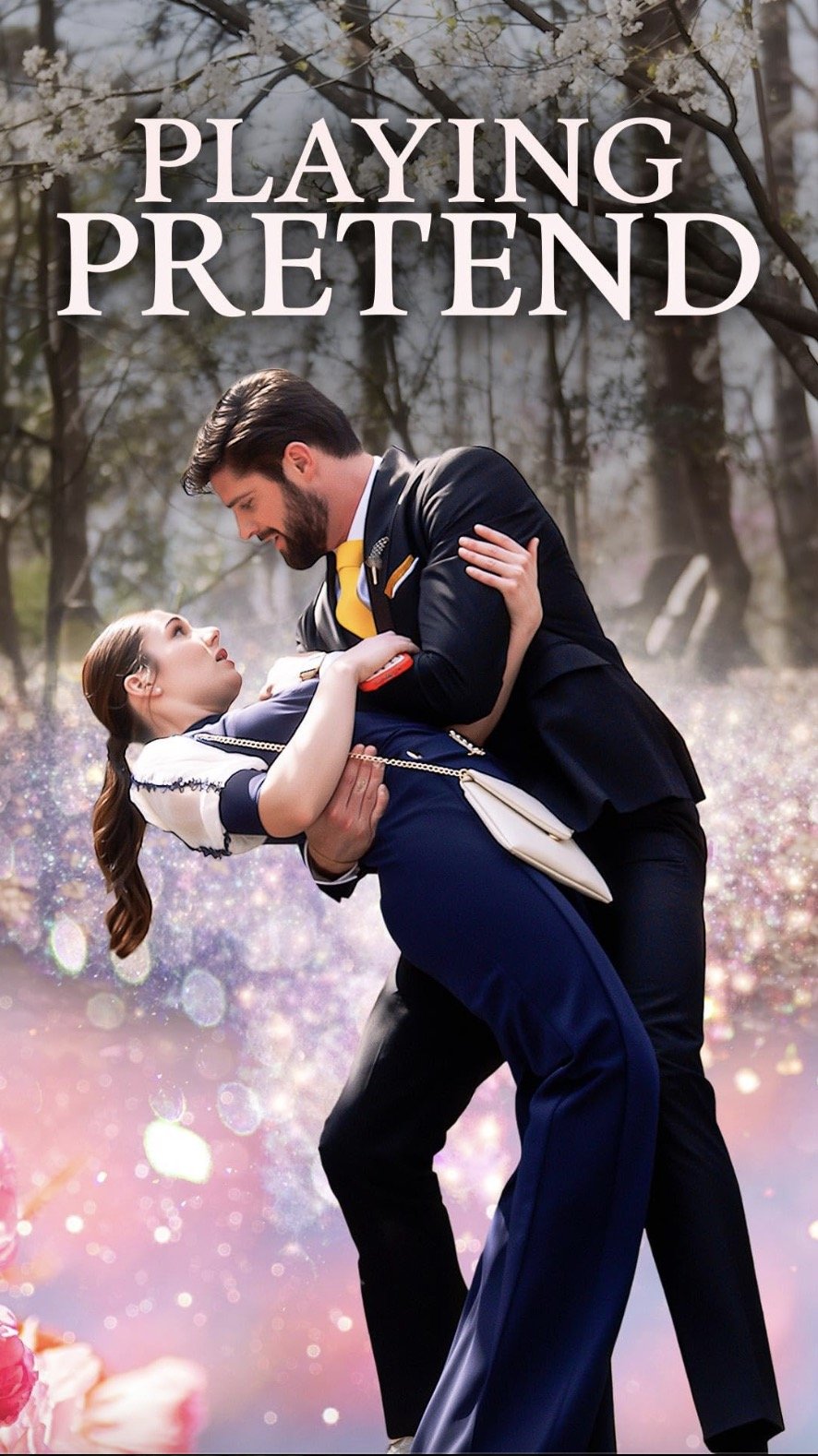 A man in a suit and a woman in a dress dancing outdoors with cherry blossoms in the background, with the words "Playing Pretend" at the top.