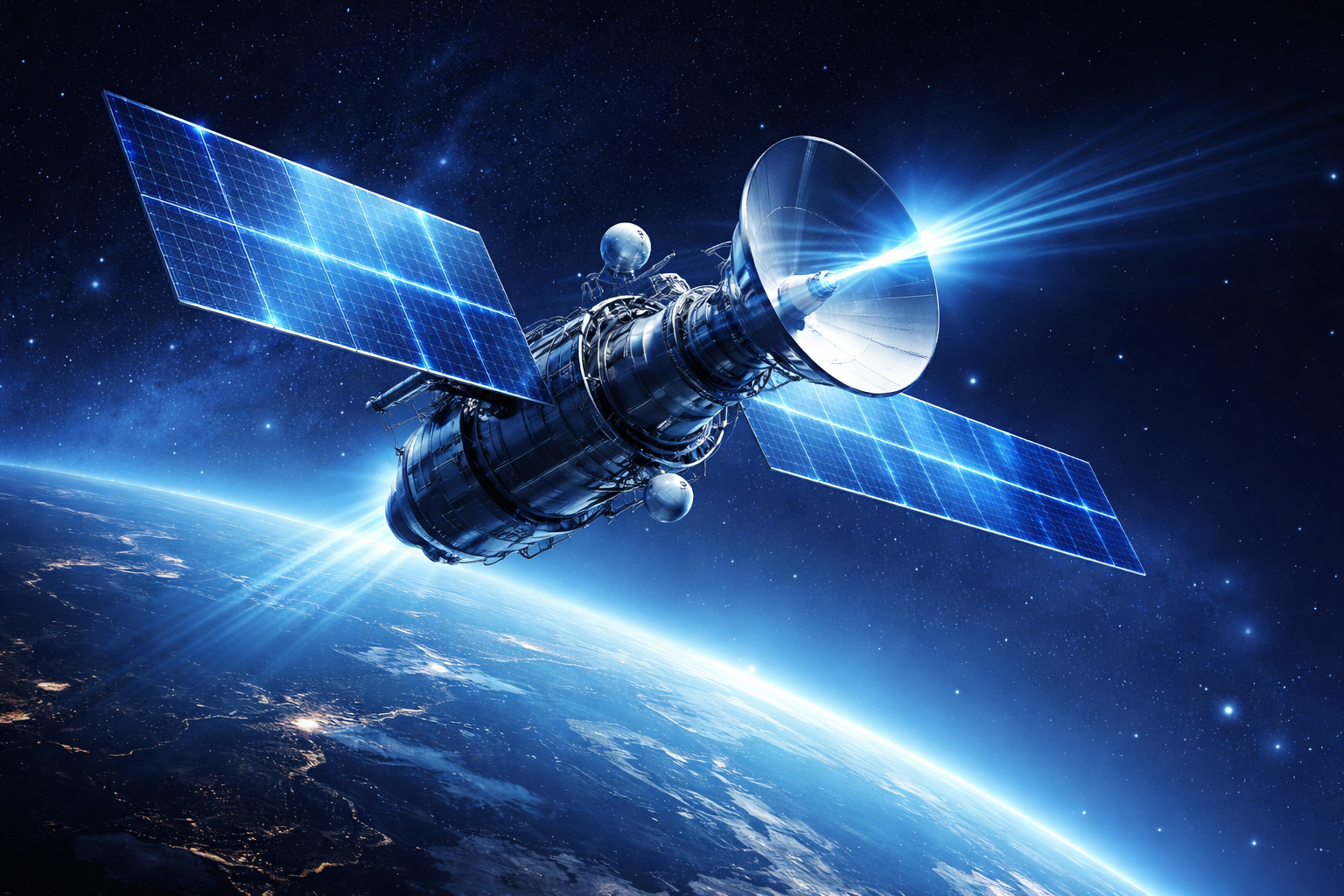 A satellite with solar panels and large dish antenna orbiting Earth in space.
