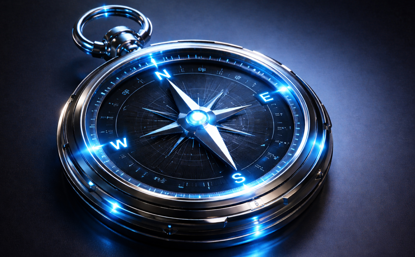 A modern, illuminated pocket compass with a black face and glowing blue accents, resting on a dark surface.