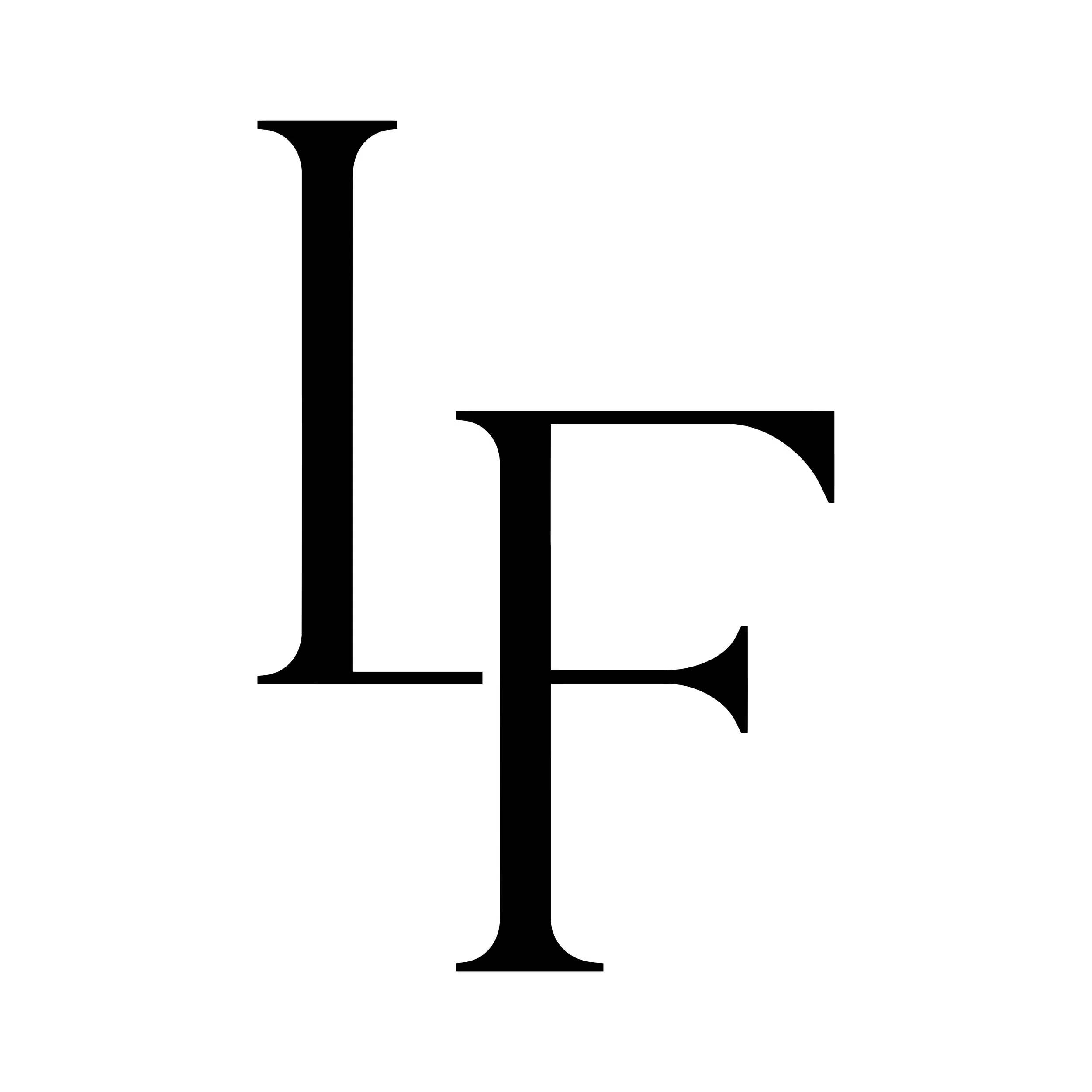 The image features large black letter characters arranged in a way that appears to spell out "L" and "F" on a white background.
