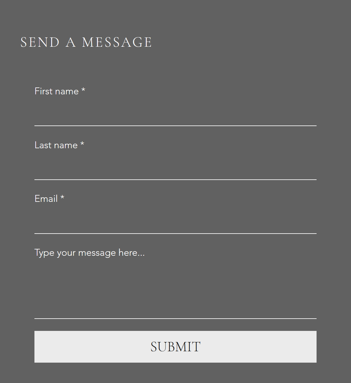 Contact form on a small business website with fields for name, email and message and a submit button