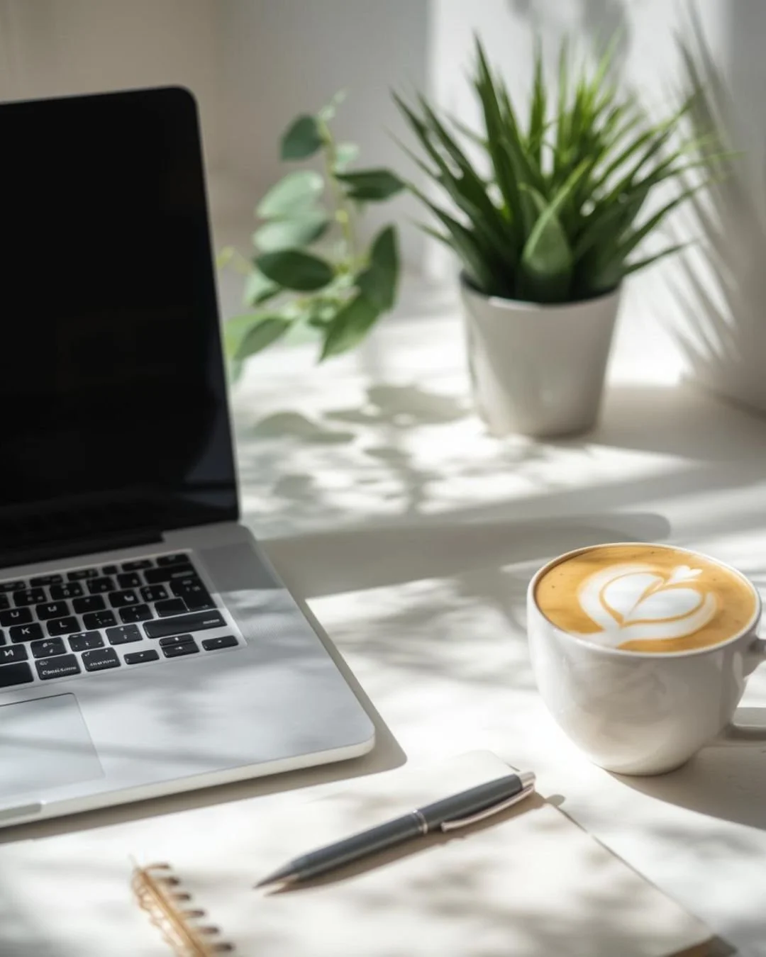 A workspace setup with a silver laptop, an open notepad with a silver pen, a cup of coffee with latte art, and two potted plants in a sunlit room.