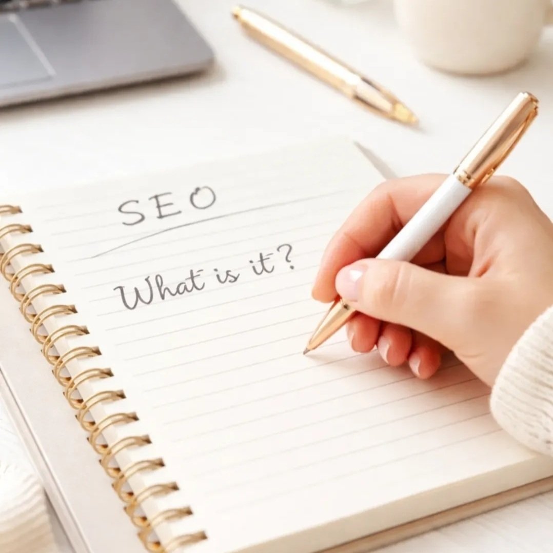 Hand writing “SEO what is it” in a notebook beside a laptop and pen