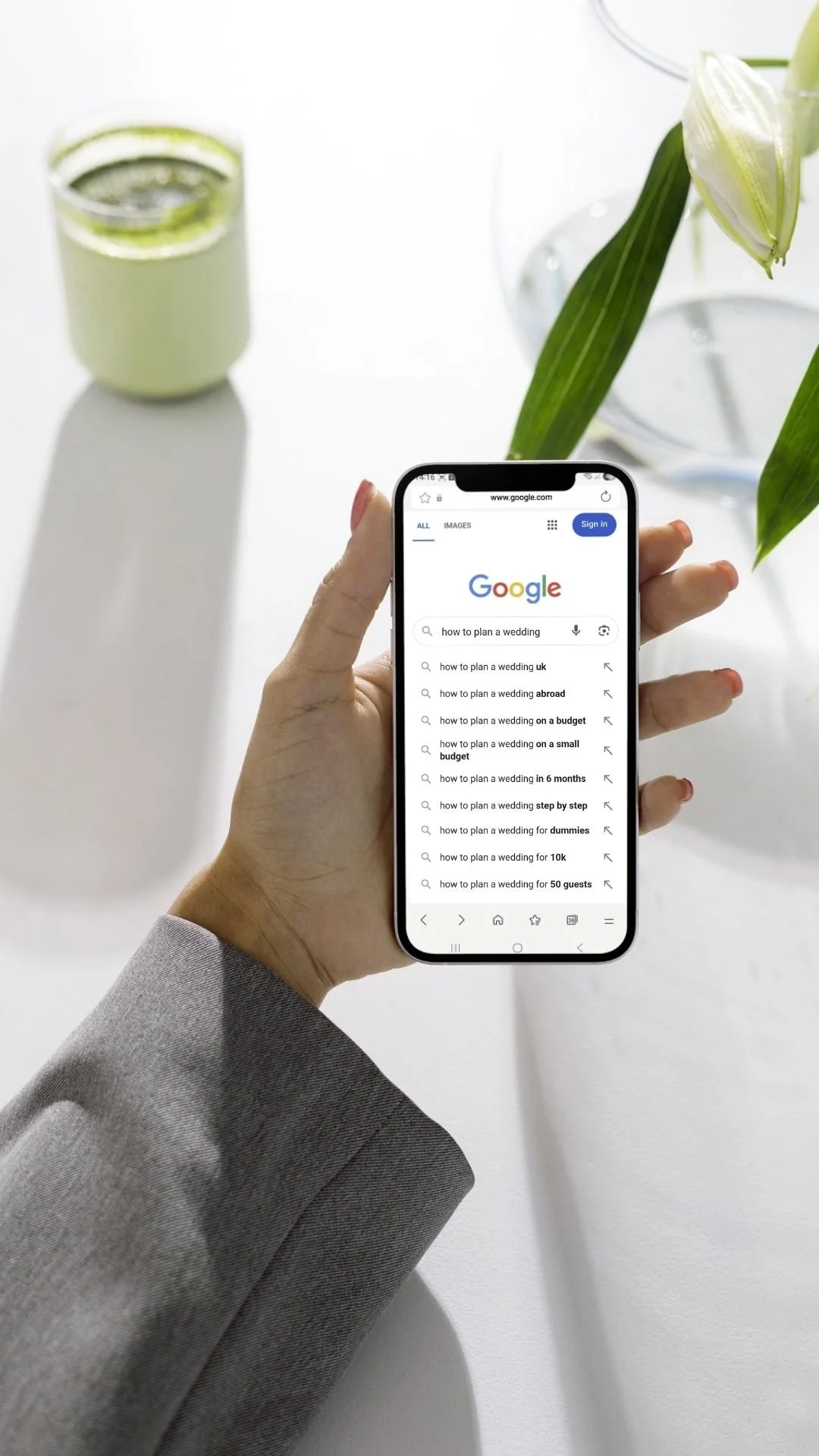 Mobile phone showing Google search, illustrating how customers search for businesses online