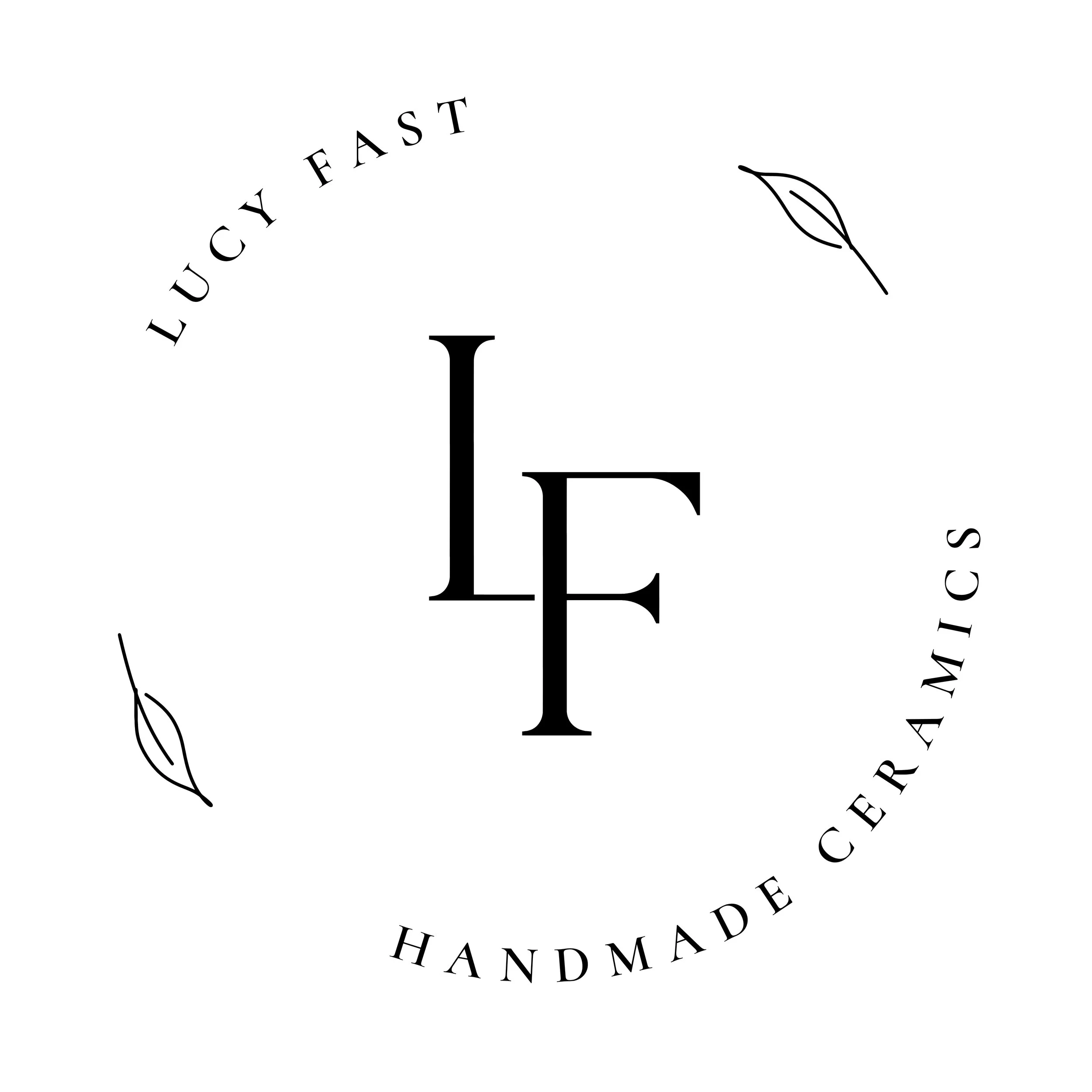 Black text that reads 'LUCKY FAST', arranged vertically, with a small, simple line drawing of a leaf nearby.