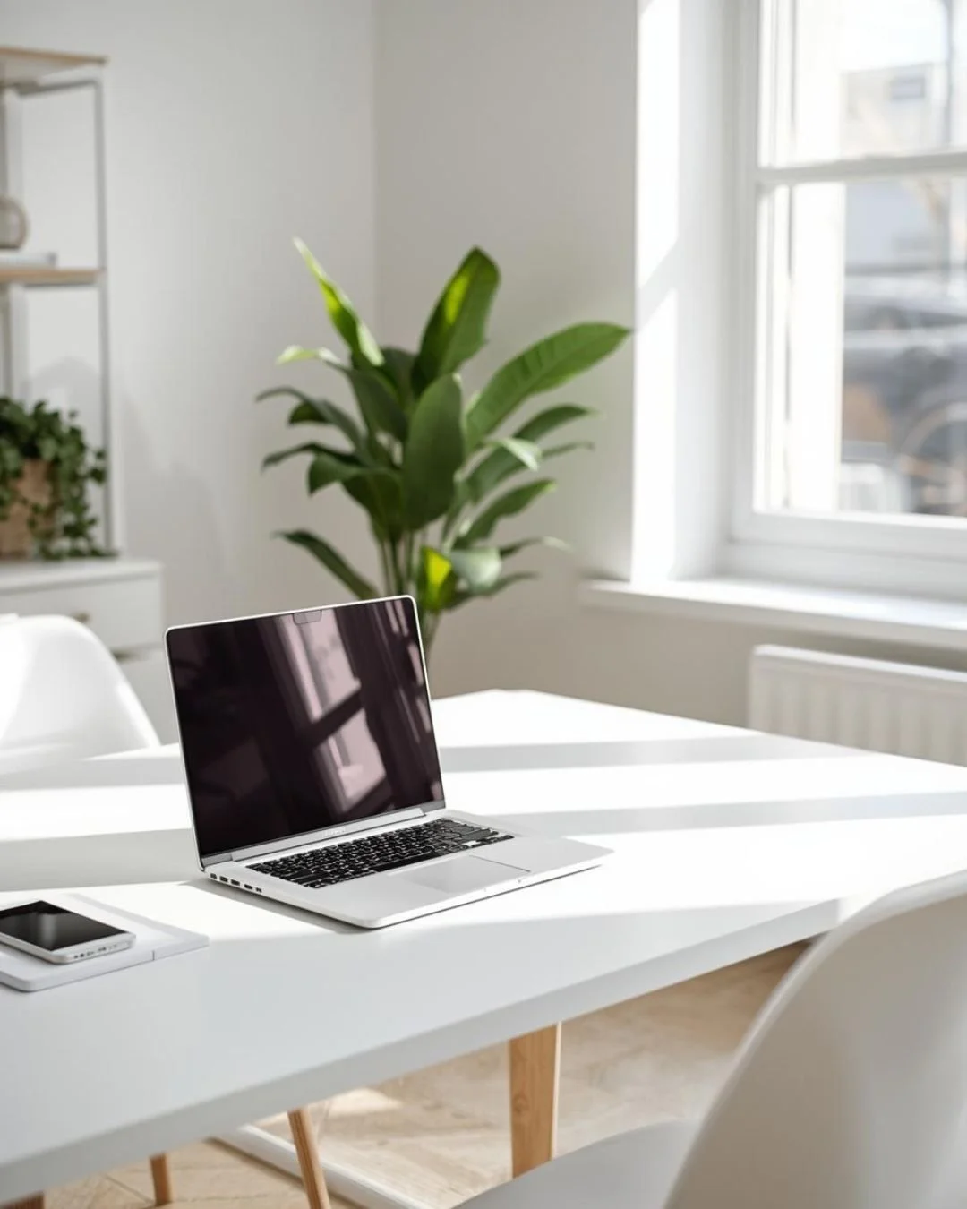 A modern workspace with a white desk, an open laptop, a smartphone, and a large green houseplant near a window with sunlight streaming in.