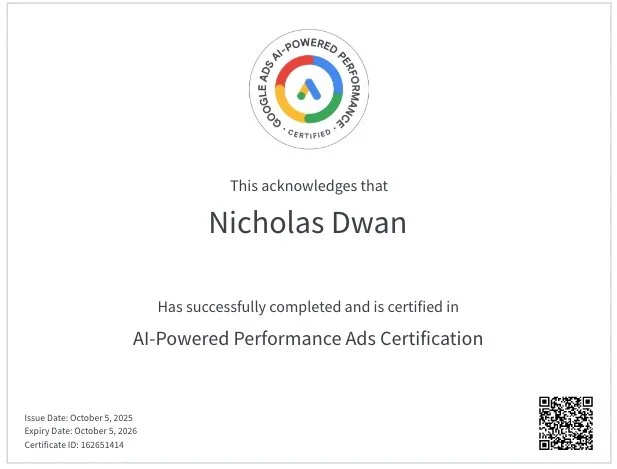 Certificate recognizing Nicholas Dwan for completion and certification in AI-Powered Performance Ads with Google Ads.