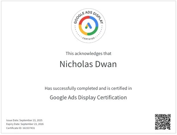 Certification for Nicholas Dwan in Google Ads Display, issued September 23, 2025, with a QR code in the bottom right corner.
