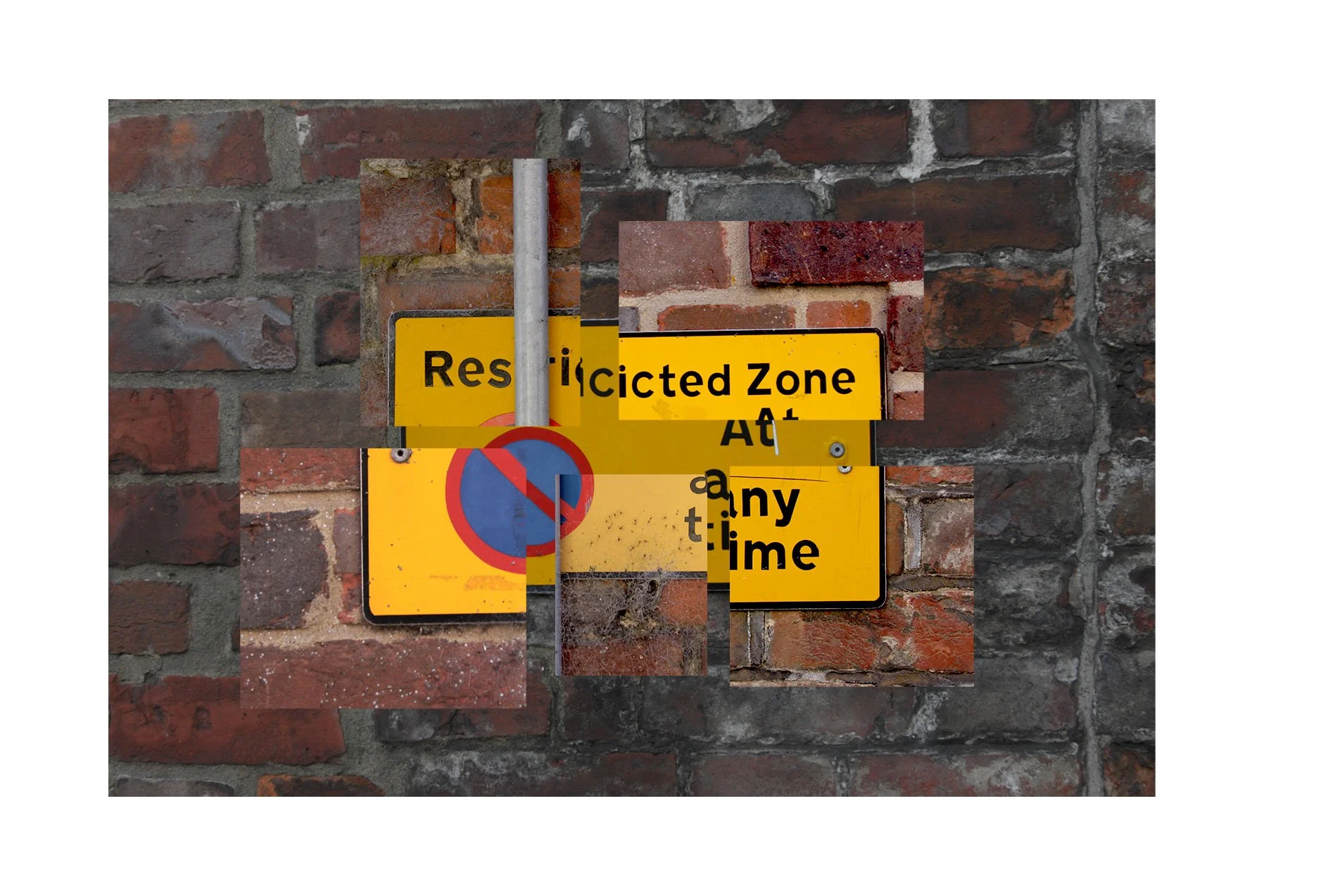 A collage of multiple overlaid street signs on a brick wall background, including a yellow 'Restricted Zone' sign and a blue 'No Parking' sign, with the text partially obscured and overlapping.