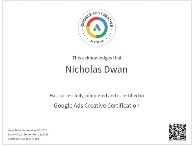 Certificate of Google Ads Creative Certification awarded to Nicholas Dwan, issued on September 28, 2025, with a QR code in the bottom right corner.