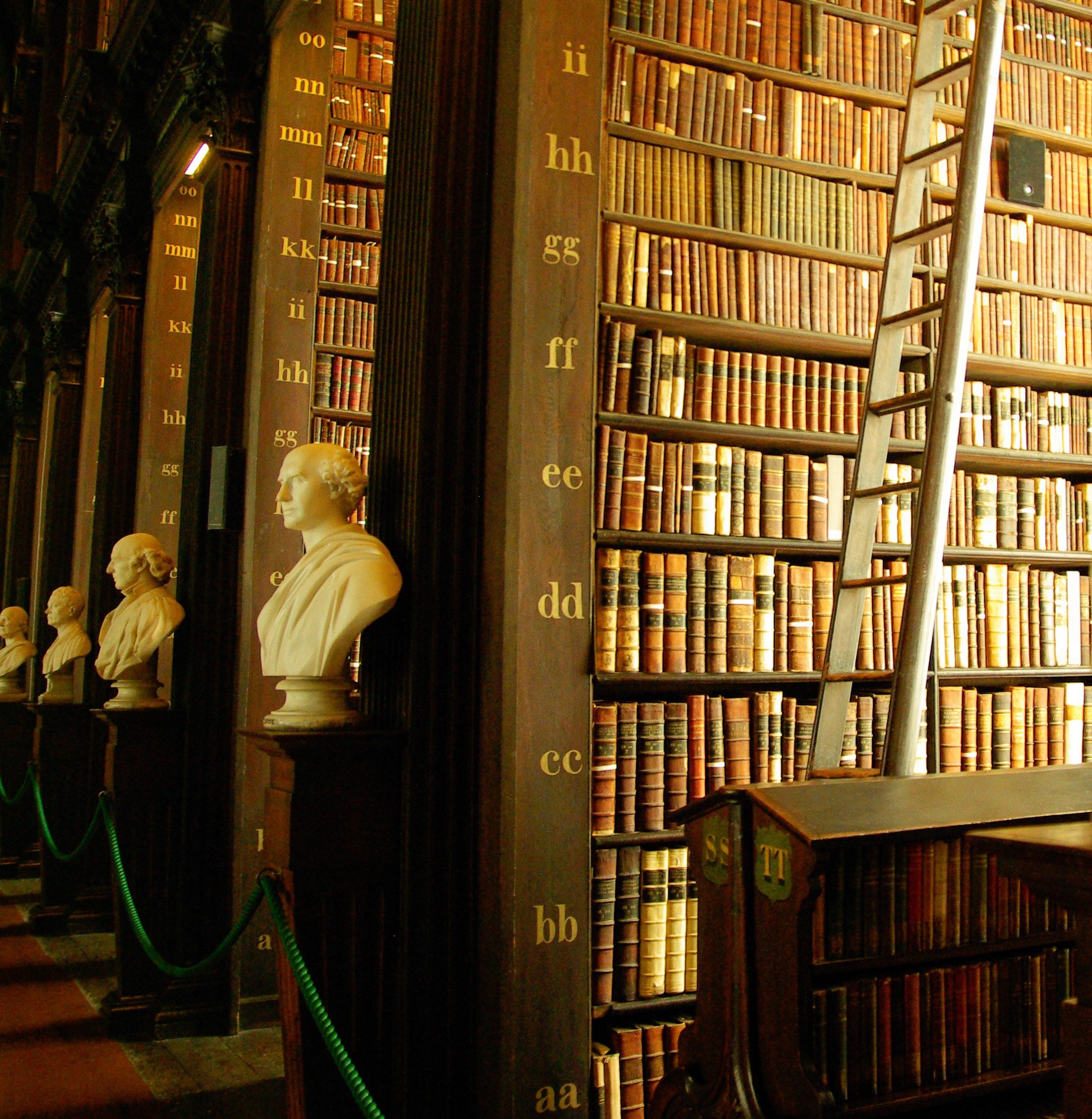 Interior de una biblioteca histórica con altas estanterías de madera oscura repletas de libros antiguos encuadernados en cuero, un conjunto de bustos de mármol blanco a lo largo de la pared y una escalera de madera apoyada contra una estantería.