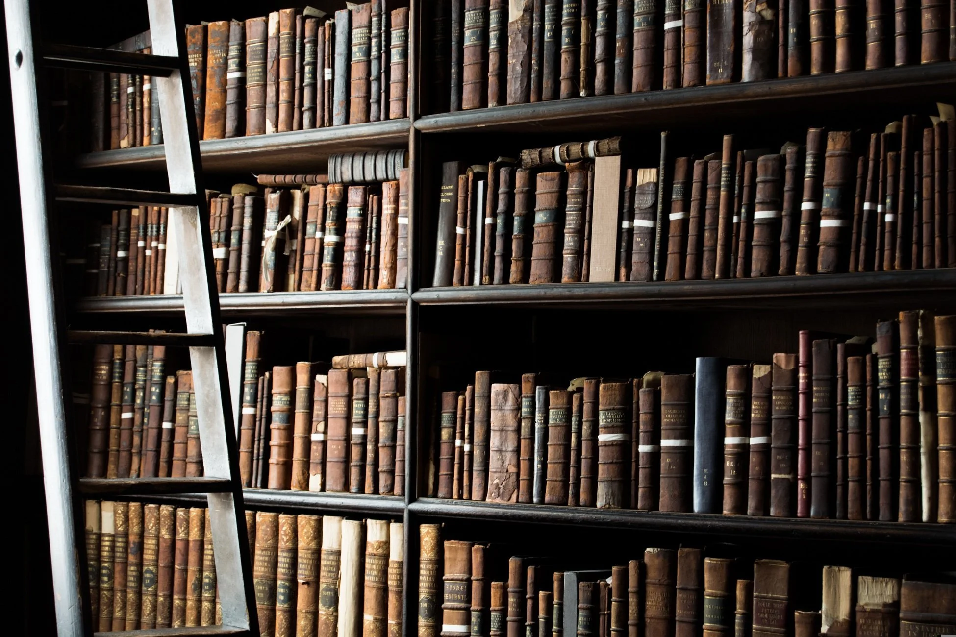 Una alta estantería metálica repleta de libros viejos y desgastados encuadernados en cuero, con una escalera apoyada contra un lateral.