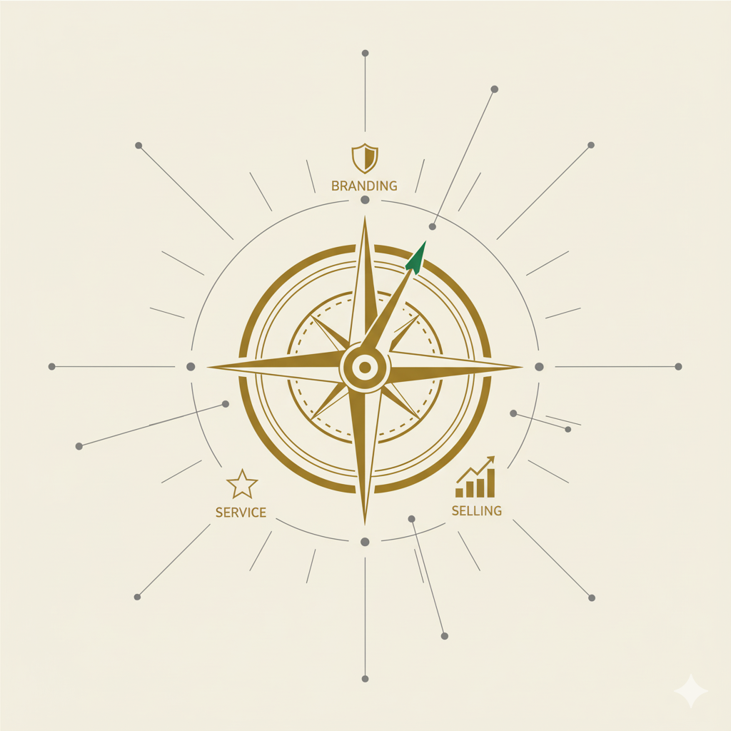 A gold and beige compass rose with labels for branding, service, and selling, and directional arrows indicating growth and navigation concepts.