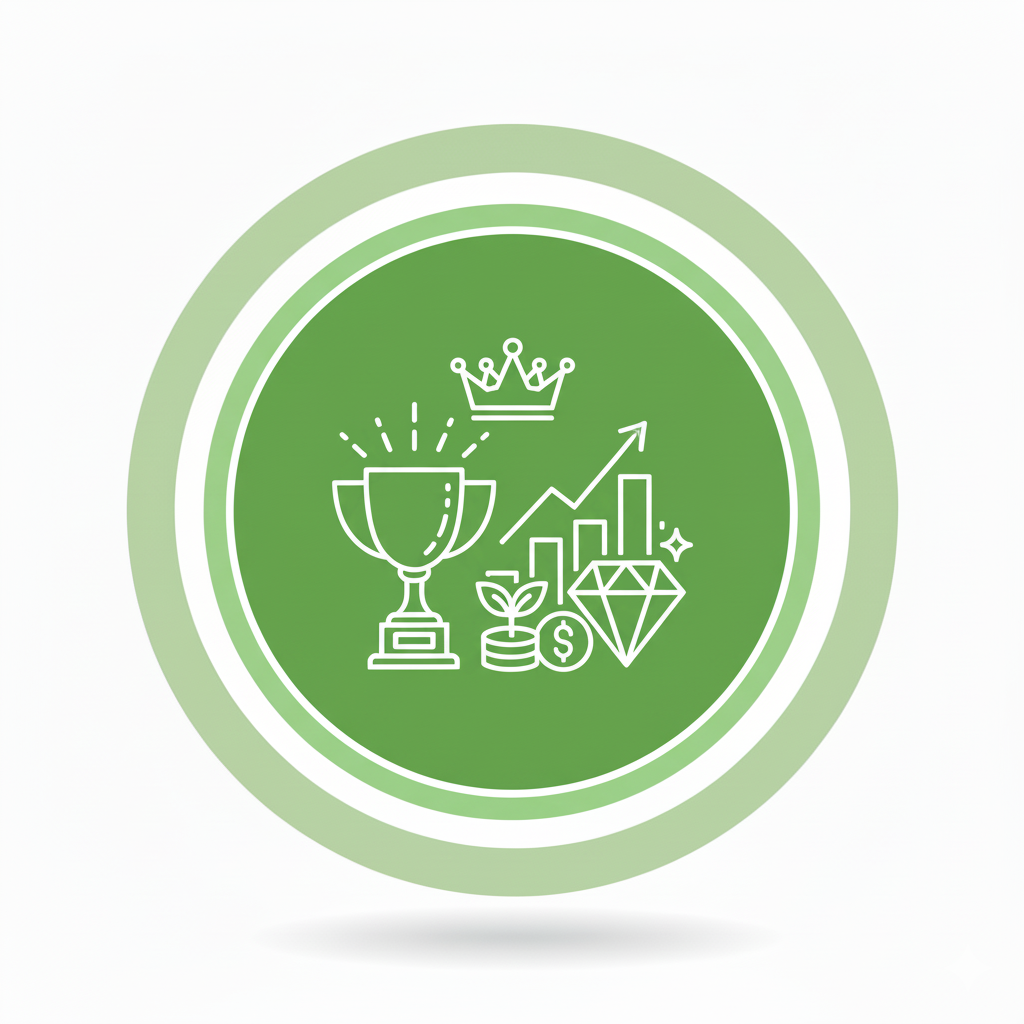 Green circular badge featuring icons of a trophy, a crown, a rising chart, a diamond, a dollar coin, a plant, and a star, symbolizing success and achievement.