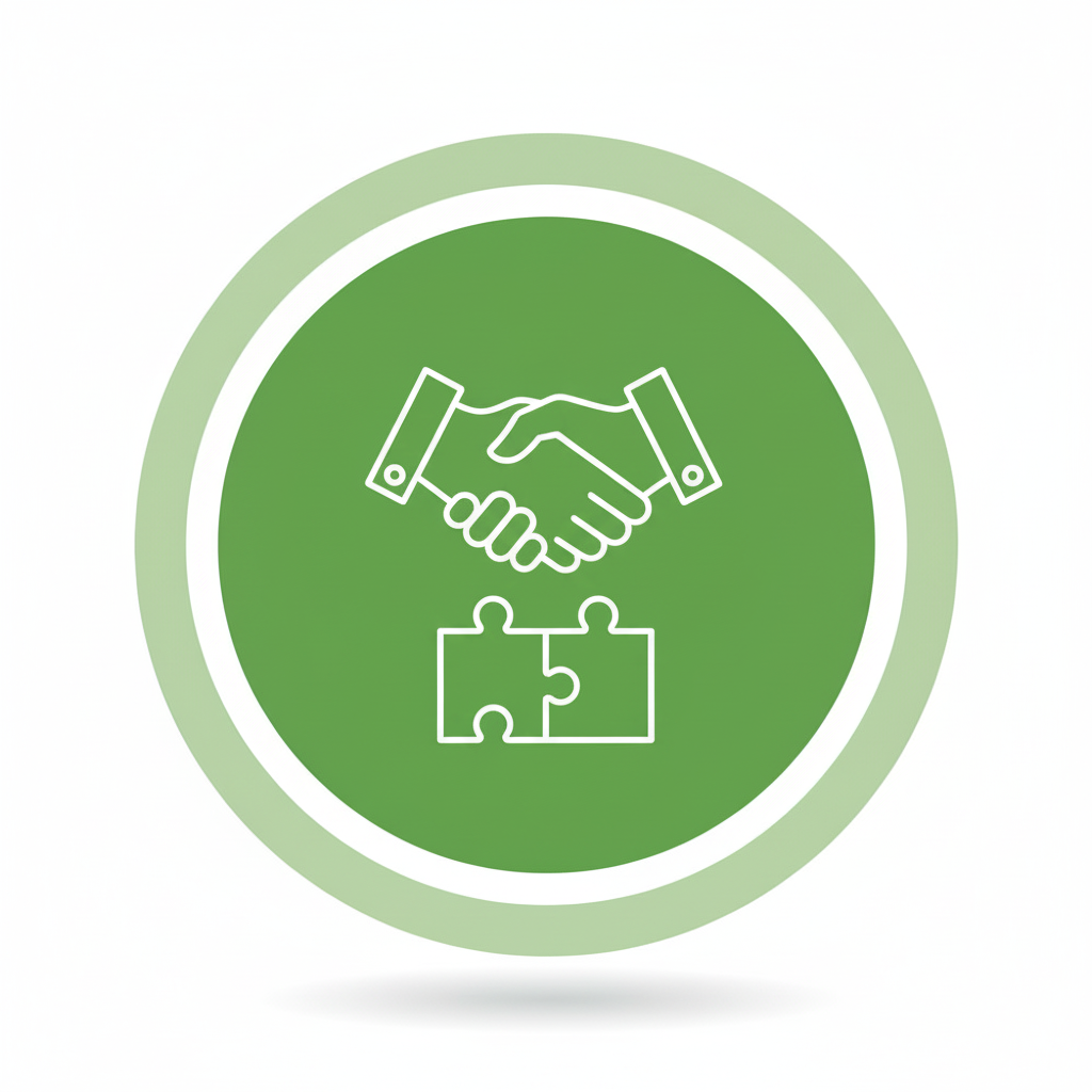 Icon of two hands shaking above two interlocking puzzle pieces, symbolizing partnership or collaboration.