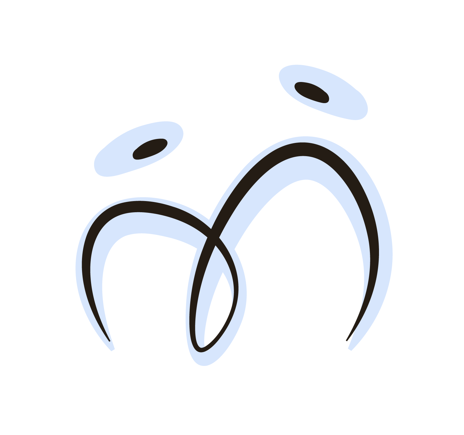 Abstracte illustratie van een gezicht met twee schuine lijnen als ogen, twee krullende lijnen als mond, en twee ovaalvormige oren.