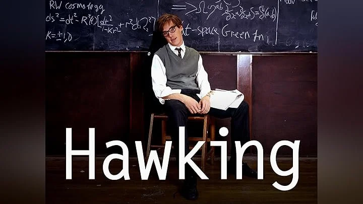 Girl sitting on a chair in front of a blackboard with mathematical equations, with the word 'Hawking' written at the bottom of the image.