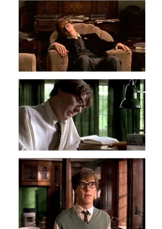 Three separate images of a man with glasses in different settings. The first image shows him sitting and sleeping on a couch in a room with bookshelves. The second shows him studying or reading at a desk with a lamp and books. The third depicts him standing in a rustic wooden room, looking surprised or confused.
