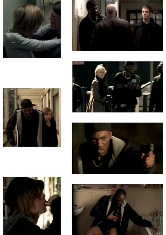 Series of six scenes from a film or TV show featuring diverse characters in various emotional moments, including confrontation, walking, and a woman drinking from a cup.