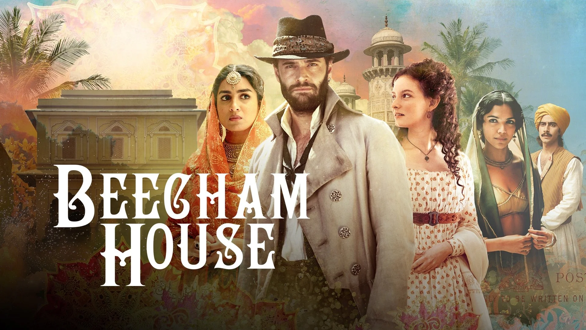 A promotional poster for the movie 'Beygham House' featuring five characters dressed in historical attire against a backdrop of palm trees and a palace with domed towers, with the title prominently displayed in the foreground.
