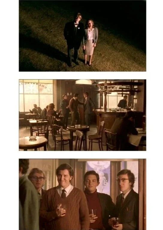 Three images depict scenes from the film "The Breakfast Club." The first shows two characters looking up at the sky outdoors at night. The second shows several people in a vintage diner, some talking and others seated. The third shows four young men at a social gathering, holding drinks and smiling.