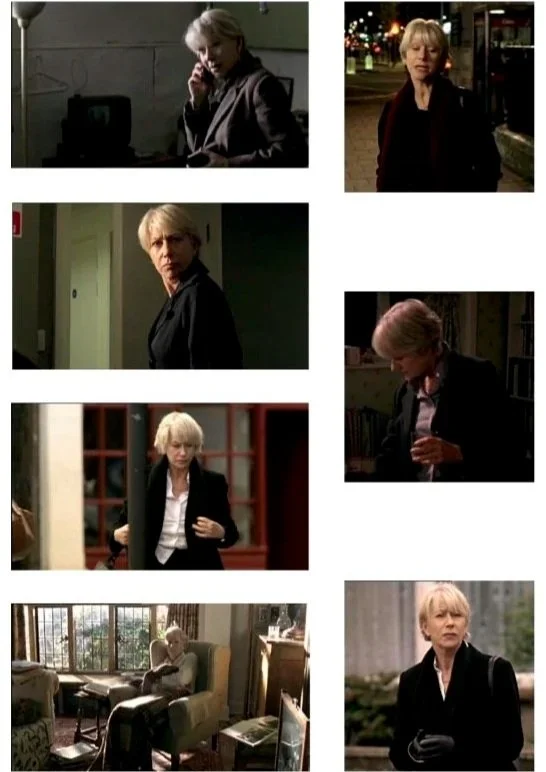 Seven images of a middle-aged woman with short blonde hair in various settings, including talking on the phone, walking outside at night, standing in hallways, and sitting in a living room with large windows.