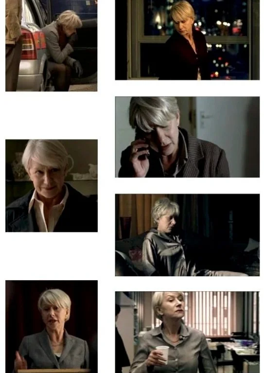 Series of six images of a middle-aged blonde woman in various settings, including sitting on a car, indoors at night, on the phone, sitting on a sofa, and holding a cup.