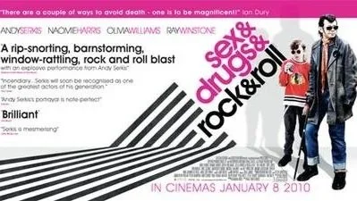 Promotional poster for the movie 'Sex and Drugs and Rock & Roll', featuring two men dressed in casual clothing, one wearing sunglasses. The poster highlights the film's release date, January 8, 2010, and includes stylized text and dynamic graphic elements.