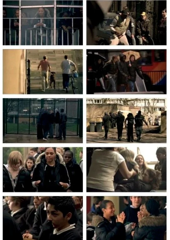 Compilation of eight photos showing various scenes of people in urban settings, including groups walking, people at a train station, children at a park, and students in a school or social environment.