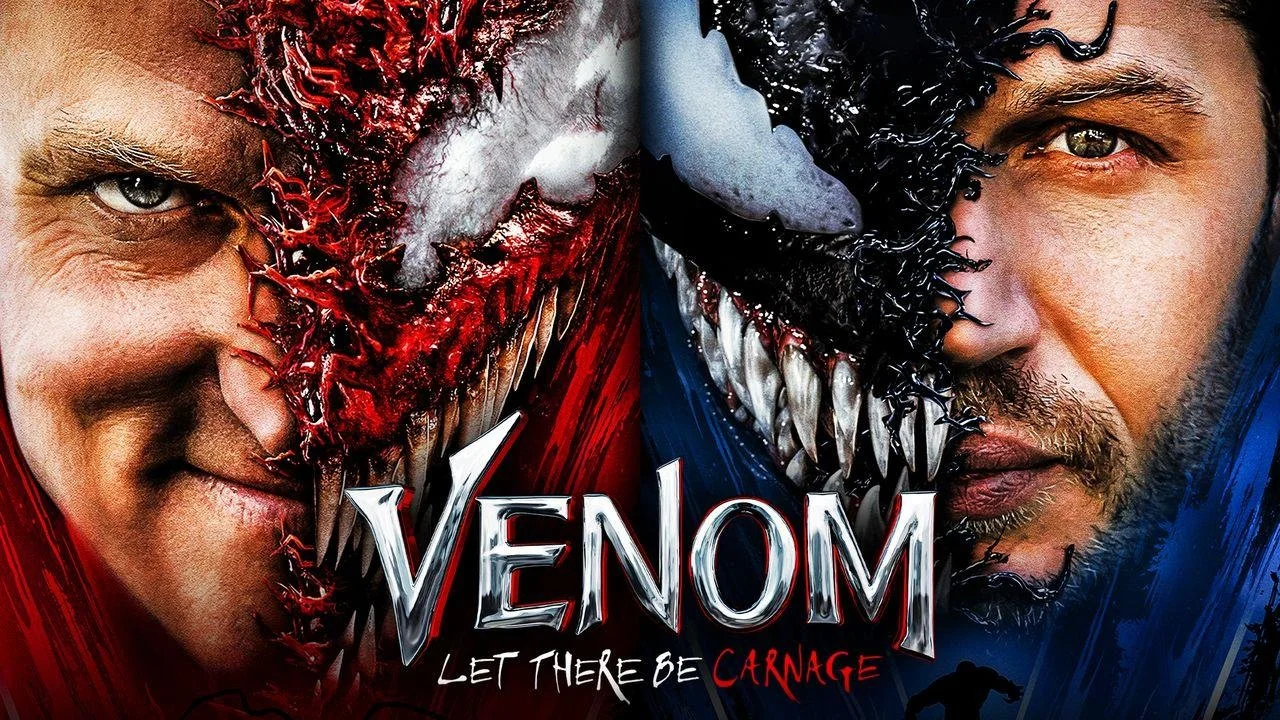 An intense poster showing two men with half of their faces merging with the alien symbiote in the movie Venom. The left side shows a smiling man with a red symbiote, while the right side shows another man with a black symbiote half of his face, both with distorted, sharp teeth. The title "Venom" is prominently displayed at the bottom with the subtitle "Let There Be Carnage" beneath it.