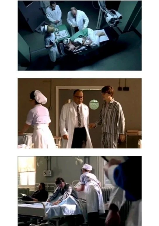 A triptych with three scenes from a hospital. The top shows a patient lying in a hospital bed surrounded by medical staff. The middle displays a doctor talking to a person in striped pajamas with a nurse nearby. The bottom depicts a nurse attending to a patient in a hospital bed while other staff members and patients are present.