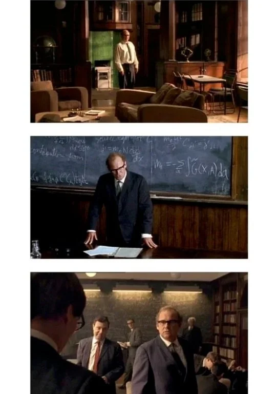 The image shows three scenes: the first scene is a man standing in a library or study room with bookshelves and comfortable chairs, the second scene is a man standing at a desk with a chalkboard filled with mathematical equations behind him, and the third scene is a group of men in suits at a professional event or conference, with one man looking directly at the camera.
