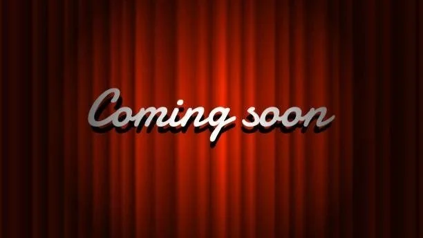 Red theater curtain backdrop with the words 'Coming soon' in white and black 3D text.
