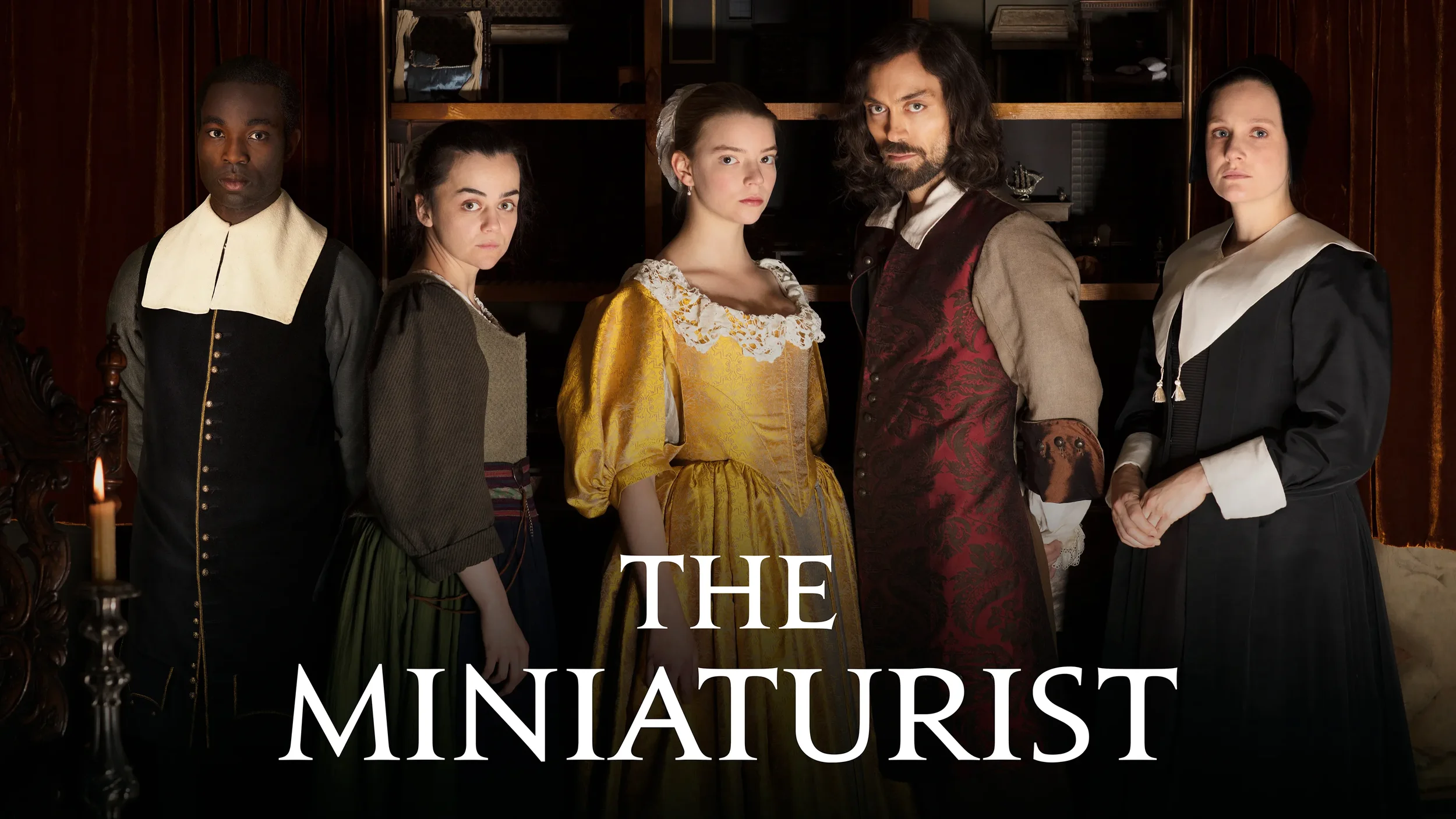 A group of five people dressed in historical clothing standing in a room with dark wooden furniture and shelves, with the text "THE MINIATURIST" overlayed.