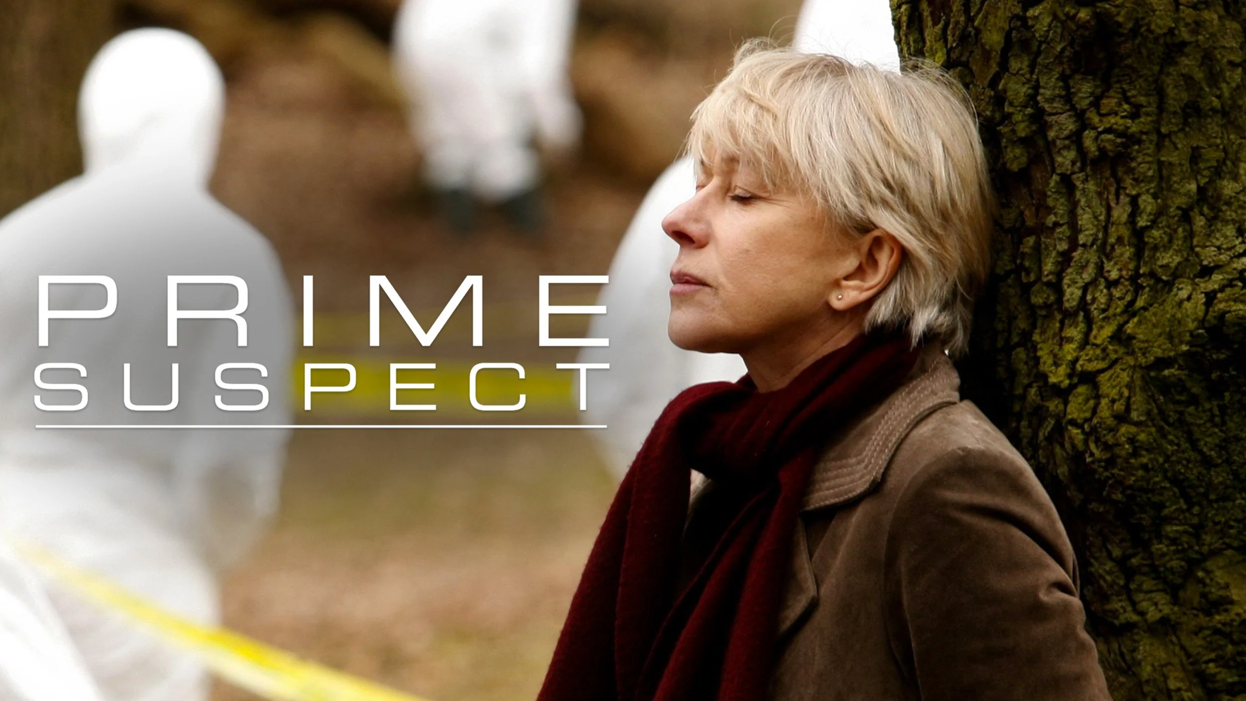 A woman with short blonde hair wearing a brown jacket and red scarf leaning against a tree with her eyes closed, a crime scene with blurred figures and yellow caution tape in the background, and the text 'Prime Suspect' overlayed on the image.