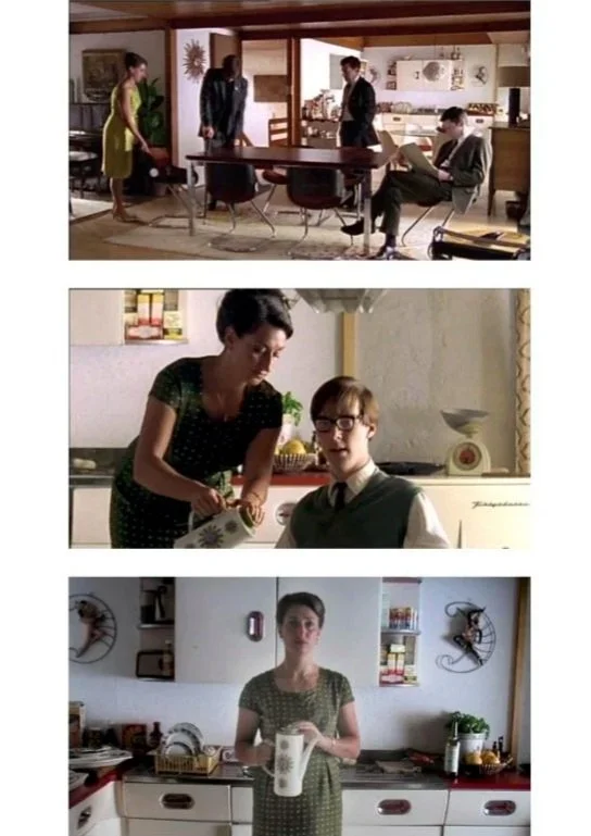 A collage of three scenes from a vintage film or TV show. The first scene shows four people in a mid-century kitchen with a dining table, two men in suits, and two women, one in a yellow dress. The second scene features a woman in a polka-dot dress pouring coffee for a young man with glasses, in a cozy kitchen. The third scene depicts a woman in a green dotted dress holding a teapot in a kitchen with vintage decor and wall-mounted bicycles.