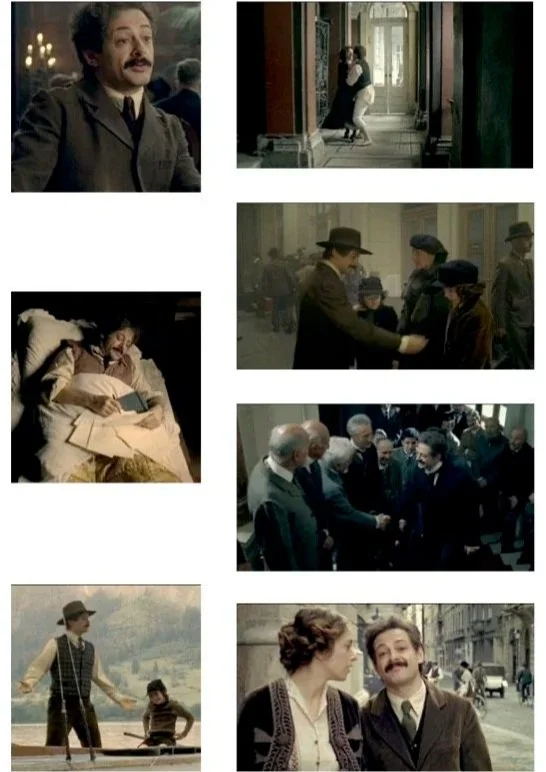 A collage of eight scenes from a film featuring a man with a mustache, interactions with women and groups, and outdoor scenes with a boat and a man and woman walking on a city street.