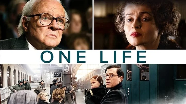 Collage of three scenes from the movie 'One Life.' Top left shows a serious older man with glasses and white hair. Top right features a woman with curly hair and a somber expression. Bottom shows a man holding a young girl at a train station with other travelers and a train in the background.
