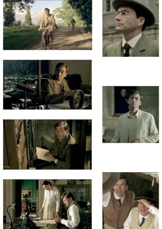 A collage of scenes from the movie 'The Grand Budapest Hotel,' featuring characters in vintage clothing, engaged in various activities in different settings.