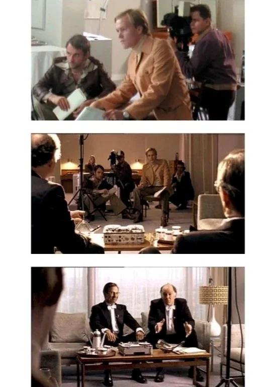 Behind the scenes of a film or TV show production with crew members and actors.