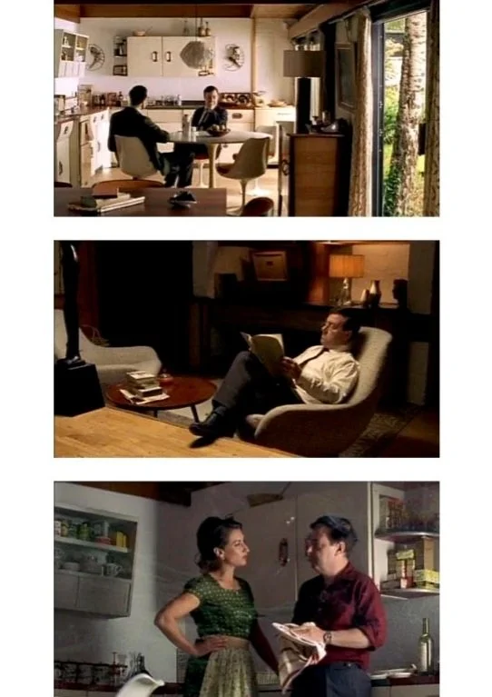 A collage with three scenes: the top shows two men sitting at a dining table in a bright kitchen, the middle features a man lounging in a chair reading, and the bottom depicts a woman and man talking in a kitchen with open shelves and canned goods.