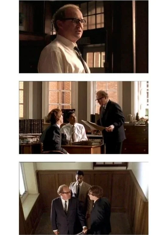 Scenes from a courtroom or legal office featuring men in formal attire, with conversations and discussions taking place.