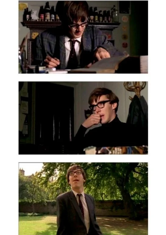 Three images of a young man with glasses. In the first image, he is reading a book at a desk surrounded by bottles and objects. In the second image, he is sitting indoors in front of a dark background, biting his finger. In the third image, he is outdoors in a park with trees, wearing a suit and tie.